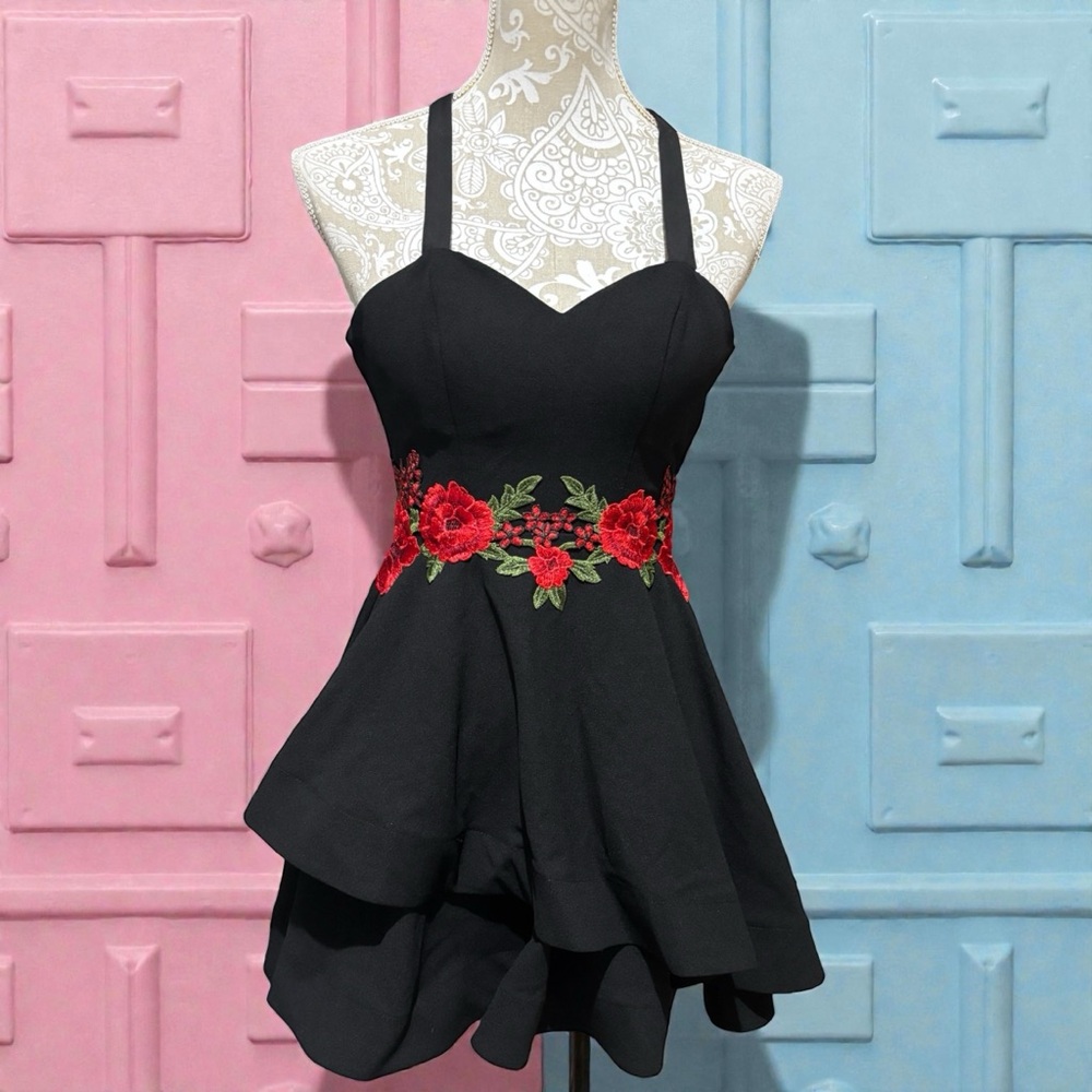 B. Smart Size 1 Juniors Black with Red Floral Embroidery Mini Dress.